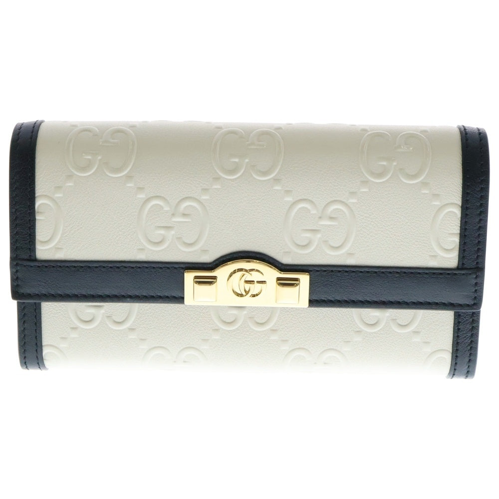 GUCCI(グッチ) GG二つ折り長財布 ロングウォレット カードケース ブラック×アイボリー ゴールド金具 レザー 676151