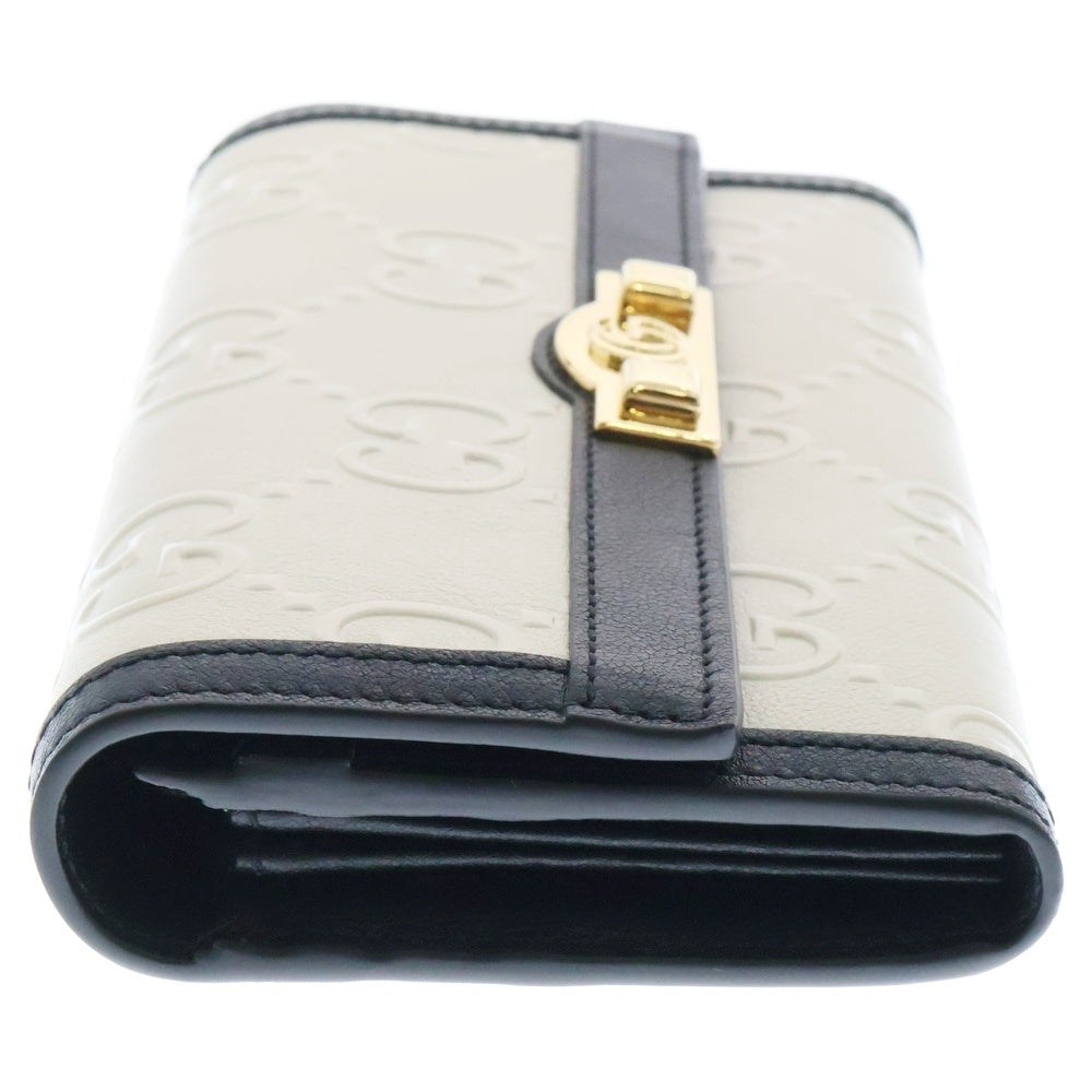 GUCCI(グッチ) GG二つ折り長財布 ロングウォレット カードケース ブラック×アイボリー ゴールド金具 レザー 676151