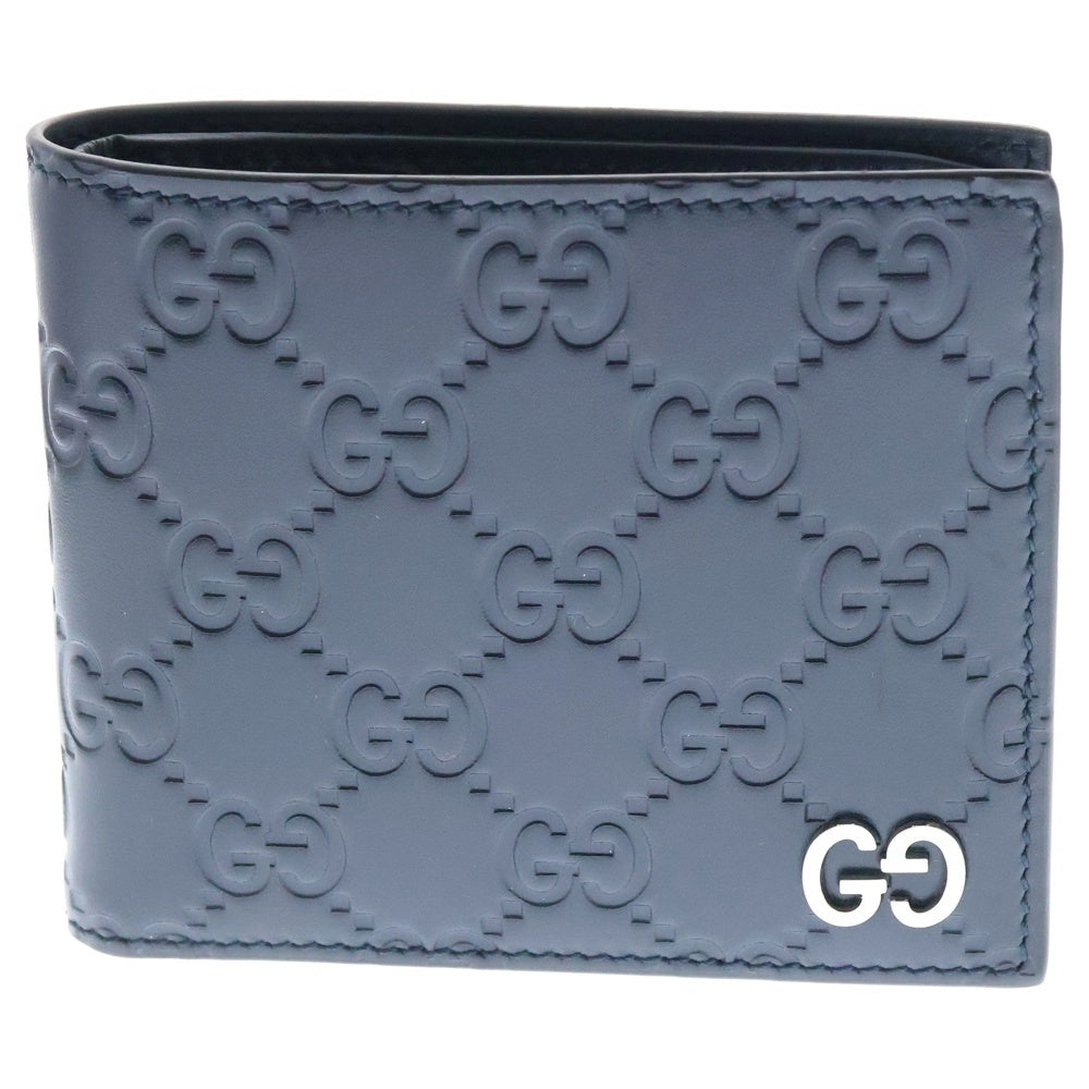 GUCCI(グッチ) グッチシマ 二つ折り財布 ウォレット カードケース ネイビー レザー シルバー金具 473916