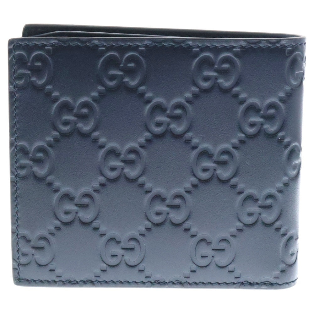 GUCCI(グッチ) グッチシマ 二つ折り財布 ウォレット カードケース ネイビー レザー シルバー金具 473916