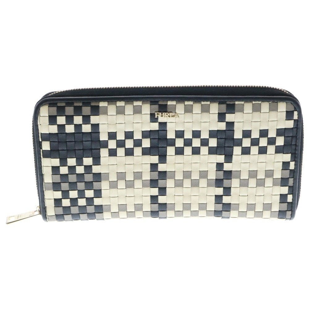 FURLA(フルラ) ラウンドファスナー 長財布 クリーム×ブラック レザー ロングウォレット