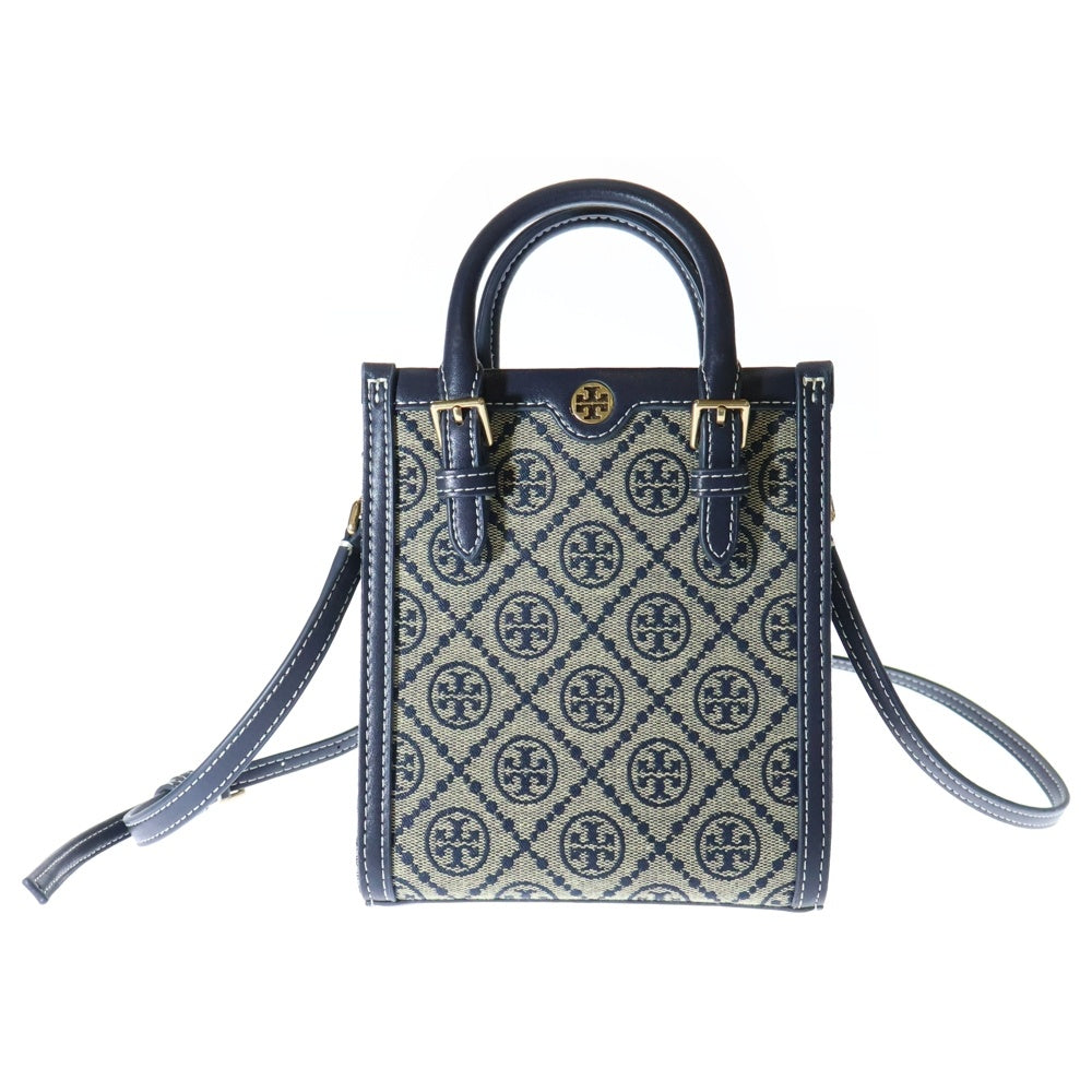 TORY BURCH(トリー バーチ) ロゴ ジャガード 2WAYハンドバッグ ショルダーバッグ ベージュ×ネイビー