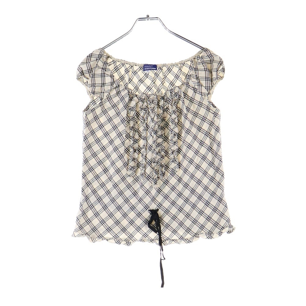 BURBERRY BLUE LABEL(バーバリーブルーレーベル) ノバチェック総柄 ギャザー フリルデザイン ノースリーブ キャミソール トップス ベージュ レディース