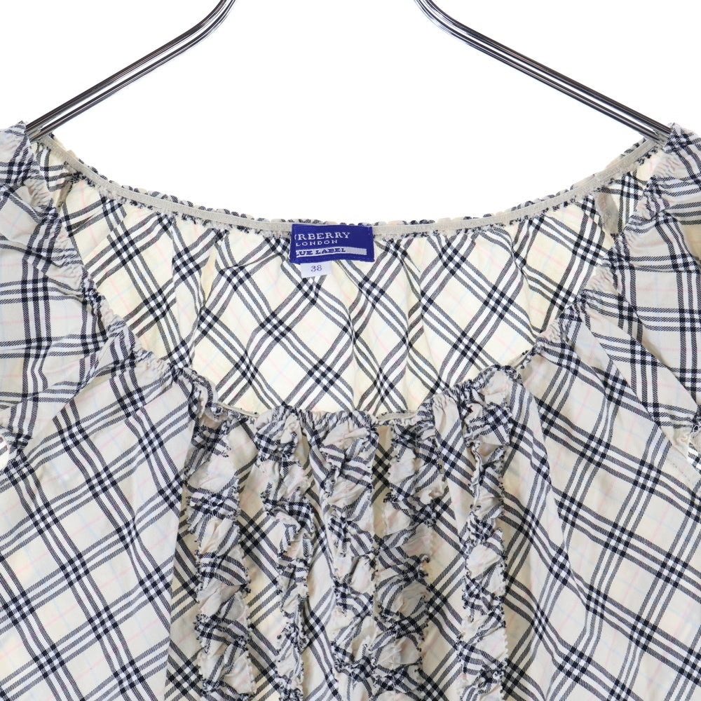 BURBERRY BLUE LABEL(バーバリーブルーレーベル) ノバチェック総柄 ギャザー フリルデザイン ノースリーブ キャミソール トップス ベージュ レディース