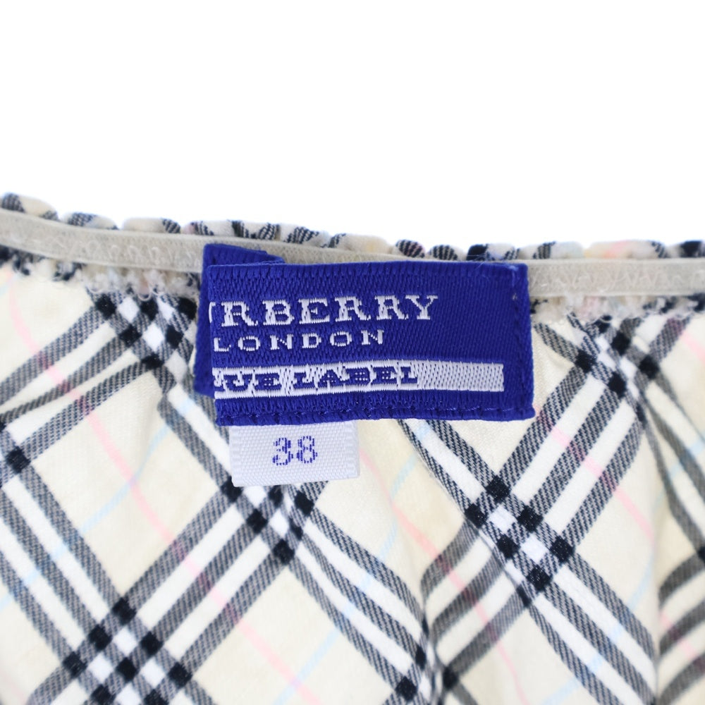BURBERRY BLUE LABEL(バーバリーブルーレーベル) ノバチェック総柄 ギャザー フリルデザイン ノースリーブ キャミソール トップス ベージュ レディース