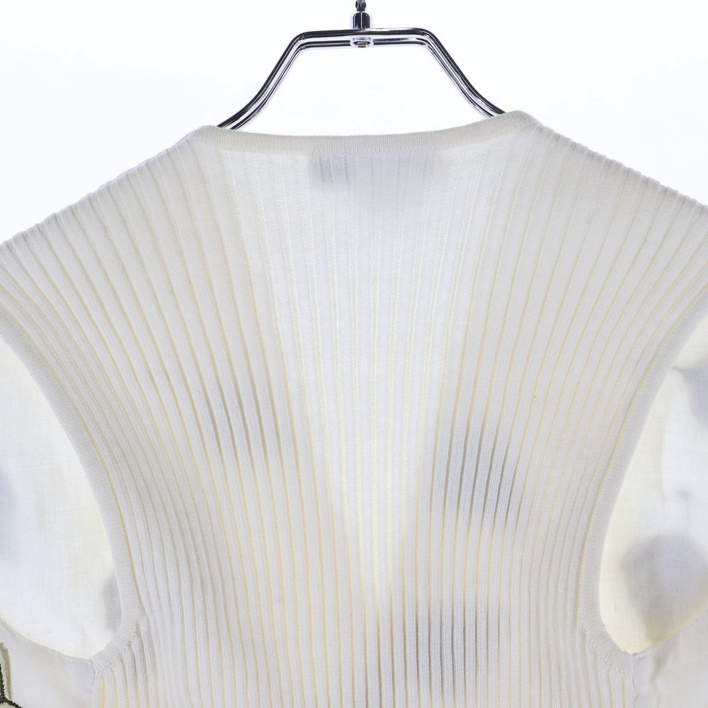 NO BRAND(ノーブランド) ISABELLE WELFLING イザベル ウェルフラン リーフ刺繍 リブニット切り替え リネン ベスト ホワイト レディース
