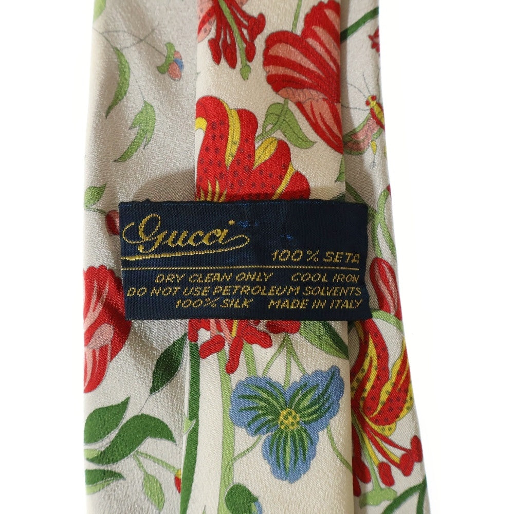 GUCCI(グッチ) フラワー総柄プリント ロゴ シルク ネクタイ ホワイト/ネイビー