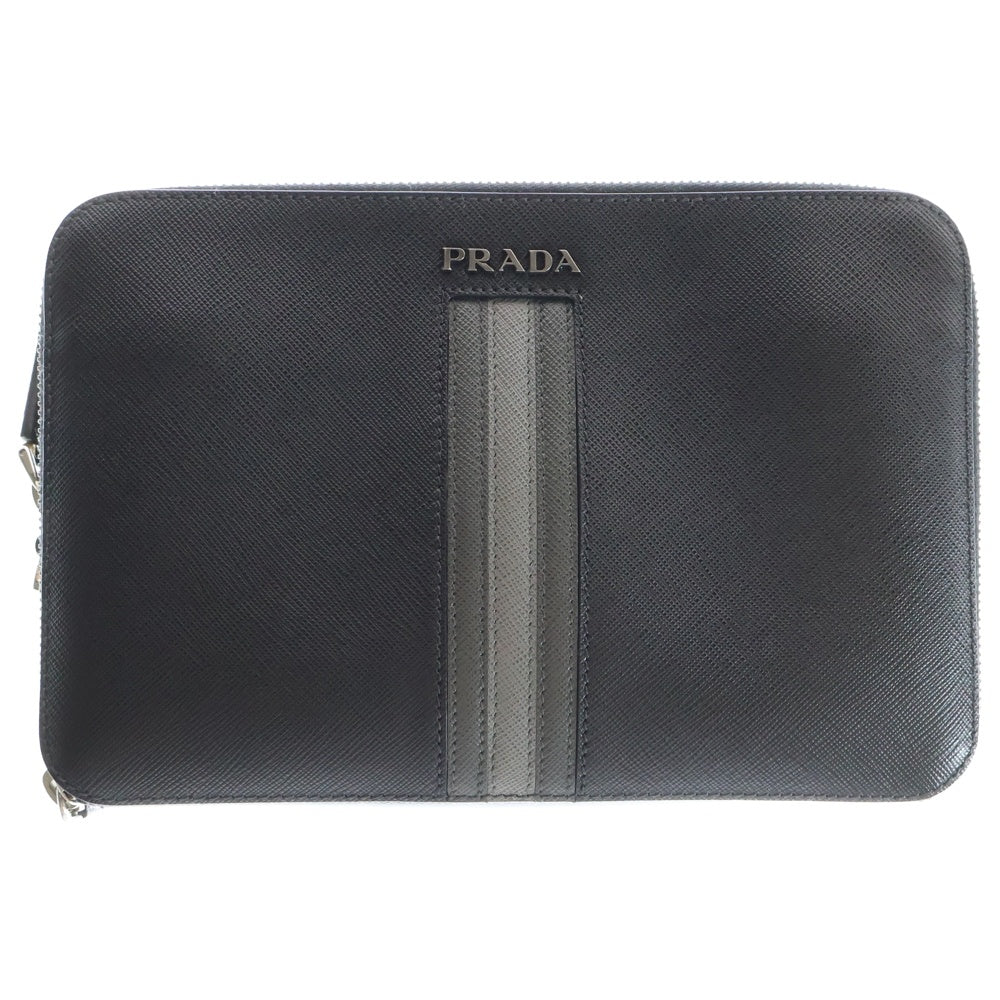 PRADA(プラダ) ロゴプレート サフィアーノレザー ハンド クラッチバッグ シルバー金具 ブラック 2VF052