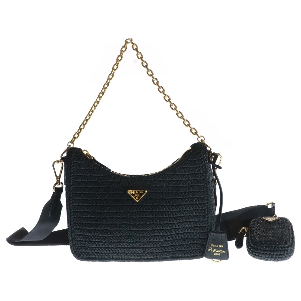 PRADA(プラダ) Re-Edition 2005 リ エディション レザー ストロー 2WAY チェーン ハンド ワンショルダーバッグ ゴールド金具 ブラック 1BH204 V9L 2A2T