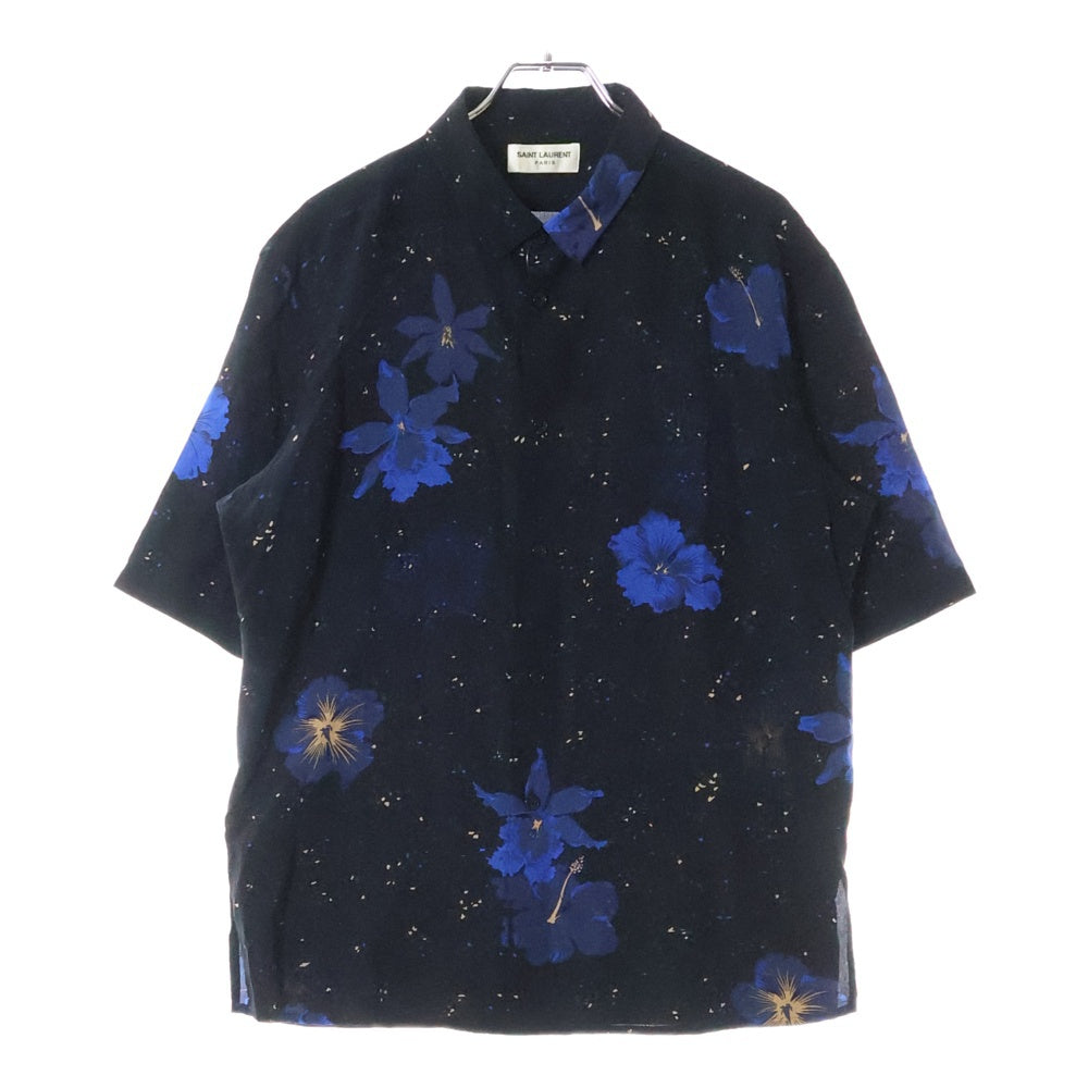 SAINT LAURENT PARIS(サンローランパリ) 半袖シャツ ハイビスカス ブラック シルク #38 601070 メンズ