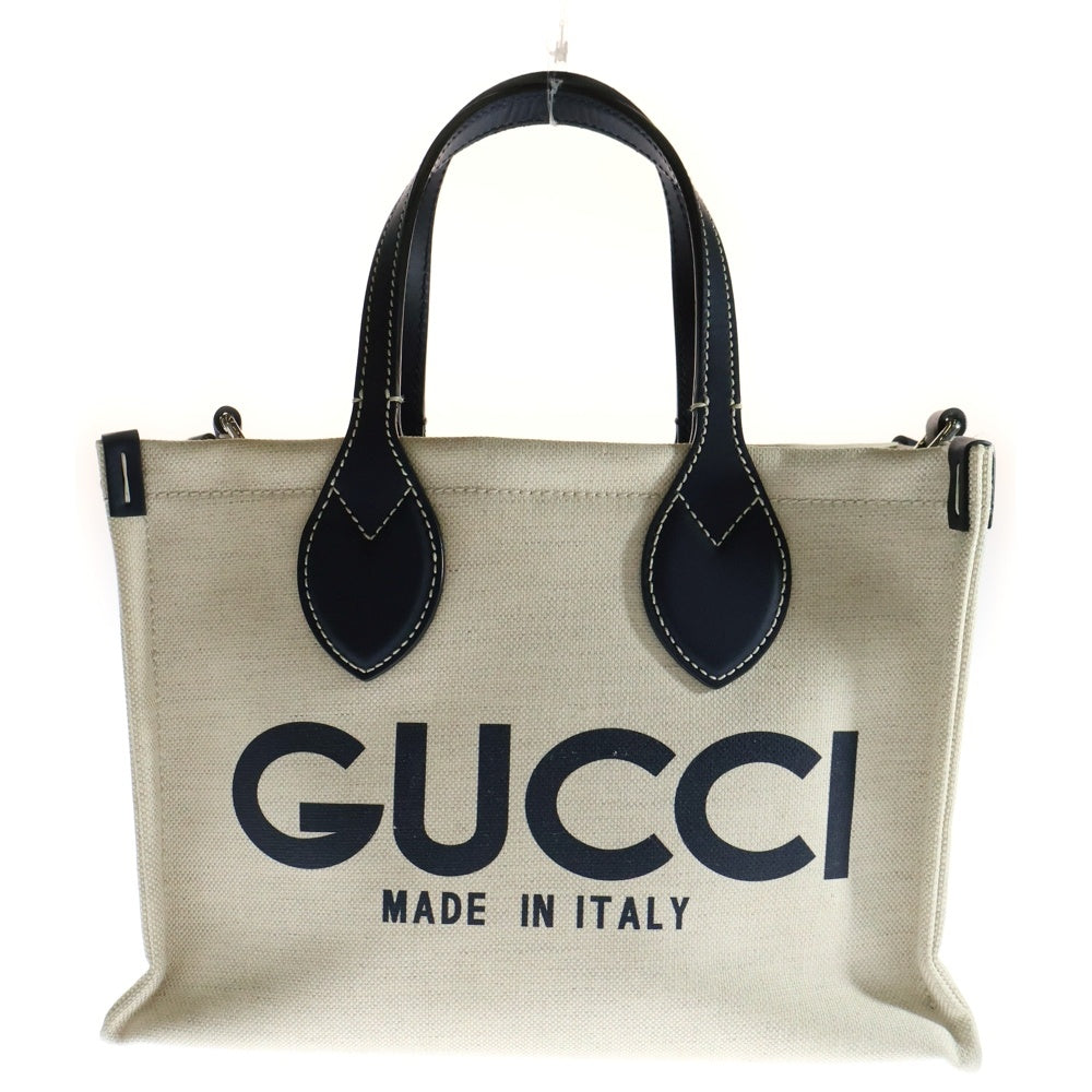 GUCCI(グッチ) プリント 2WAYバッグ ショルダーバッグ ハンドバッグ ミニトートバッグ ネイビー×アイボリー キャンバス×レザー シルバー金具 772144