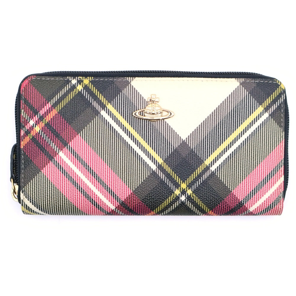 Vivienne Westwood(ヴィヴィアンウエストウッド) オーブロゴプレート チェック総柄 PVC ラウンドファスナー ロングウォレット 長財布 ゴールド金具 ホワイト/レッド