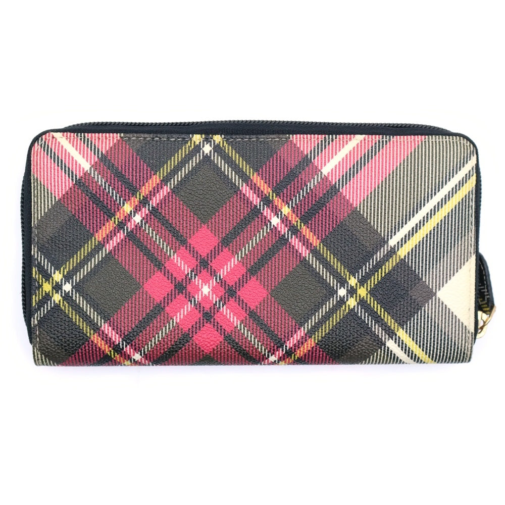 Vivienne Westwood(ヴィヴィアンウエストウッド) オーブロゴプレート チェック総柄 PVC ラウンドファスナー ロングウォレット 長財布 ゴールド金具 ホワイト/レッド