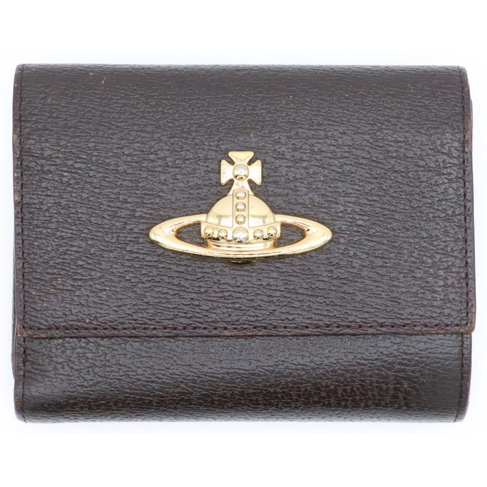 Vivienne Westwood(ヴィヴィアンウエストウッド) オーブ メタルロゴプレート レザー コンパクトウォレット 三つ折り財布 ゴールド金具 ブラウン