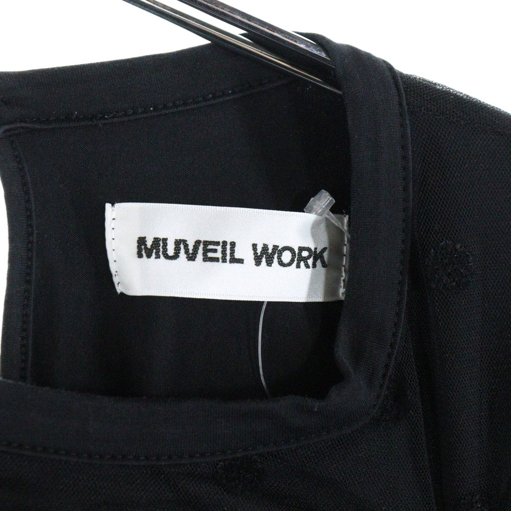 MUVEIL WORK(ミューベルワーク) ドット総柄 チュール ナイロン レイヤード 半袖トップス クルーネック カットソー ブラック レディース