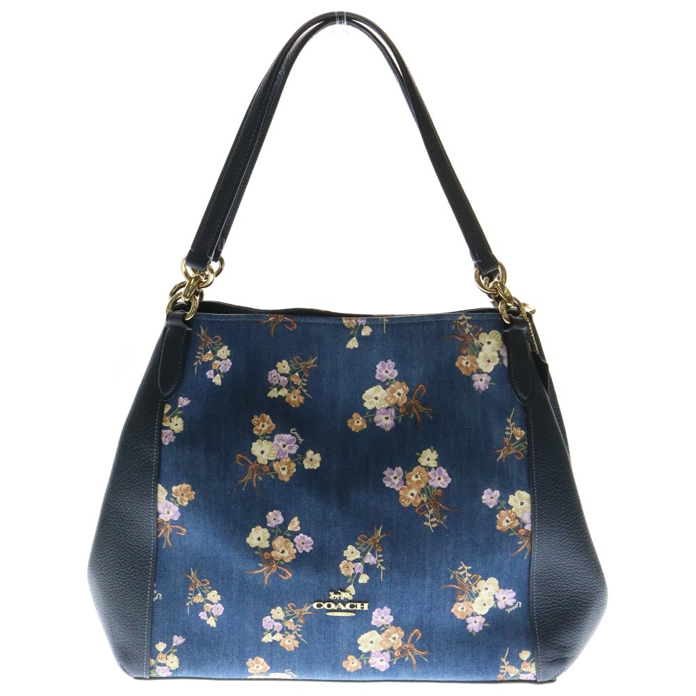 COACH(コーチ) トートバッグ ハンドバッグ 花柄 フラワー ブルー デニム×レザー ゴールド金具