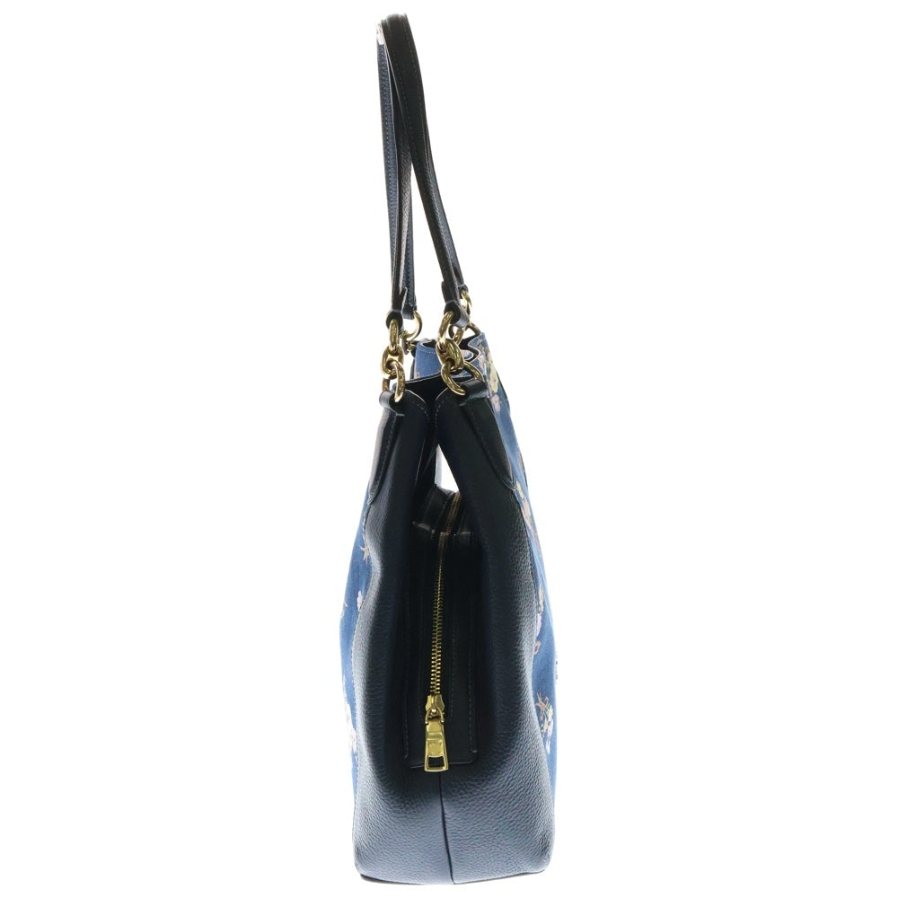 COACH(コーチ) トートバッグ ハンドバッグ 花柄 フラワー ブルー デニム×レザー ゴールド金具