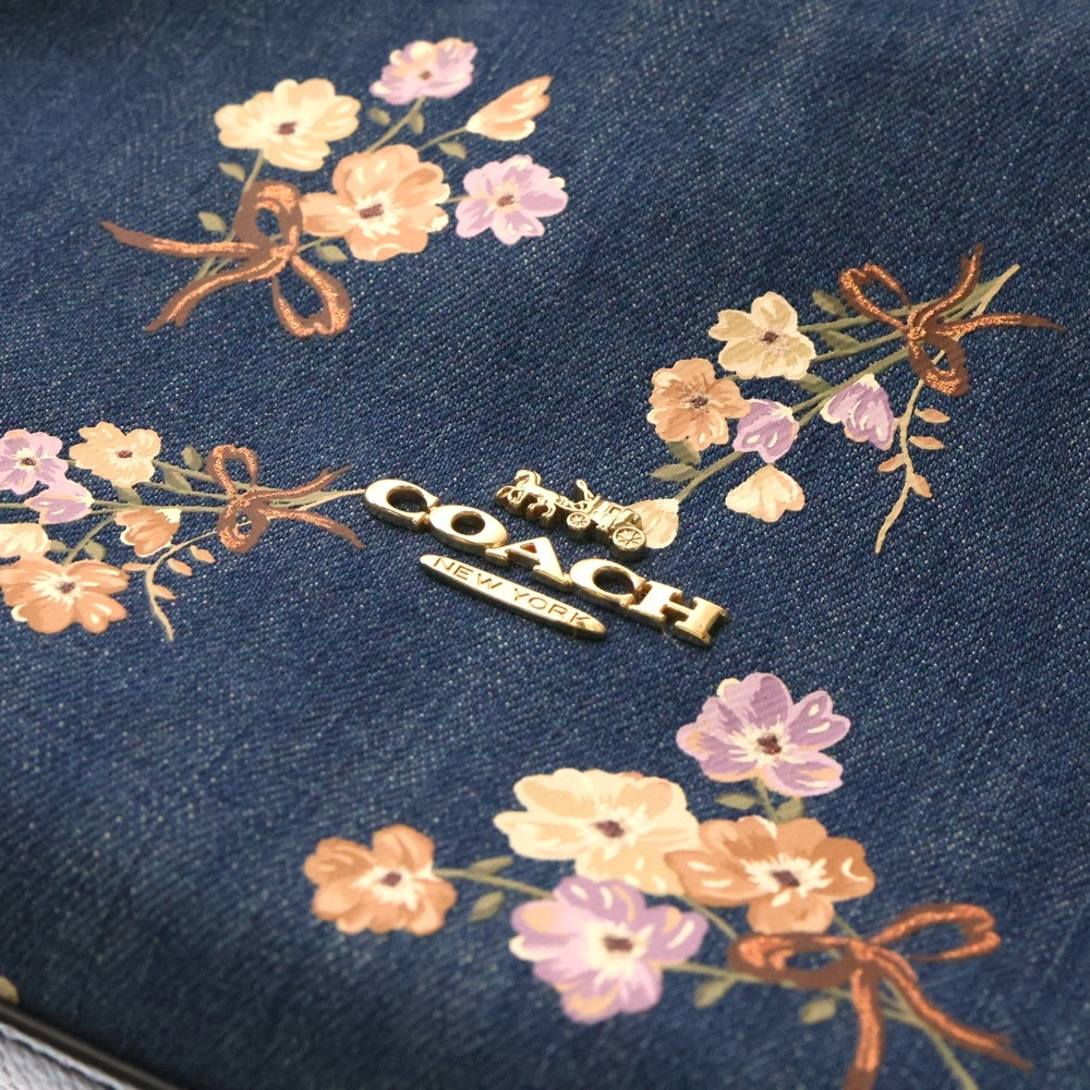 COACH(コーチ) トートバッグ ハンドバッグ 花柄 フラワー ブルー デニム×レザー ゴールド金具