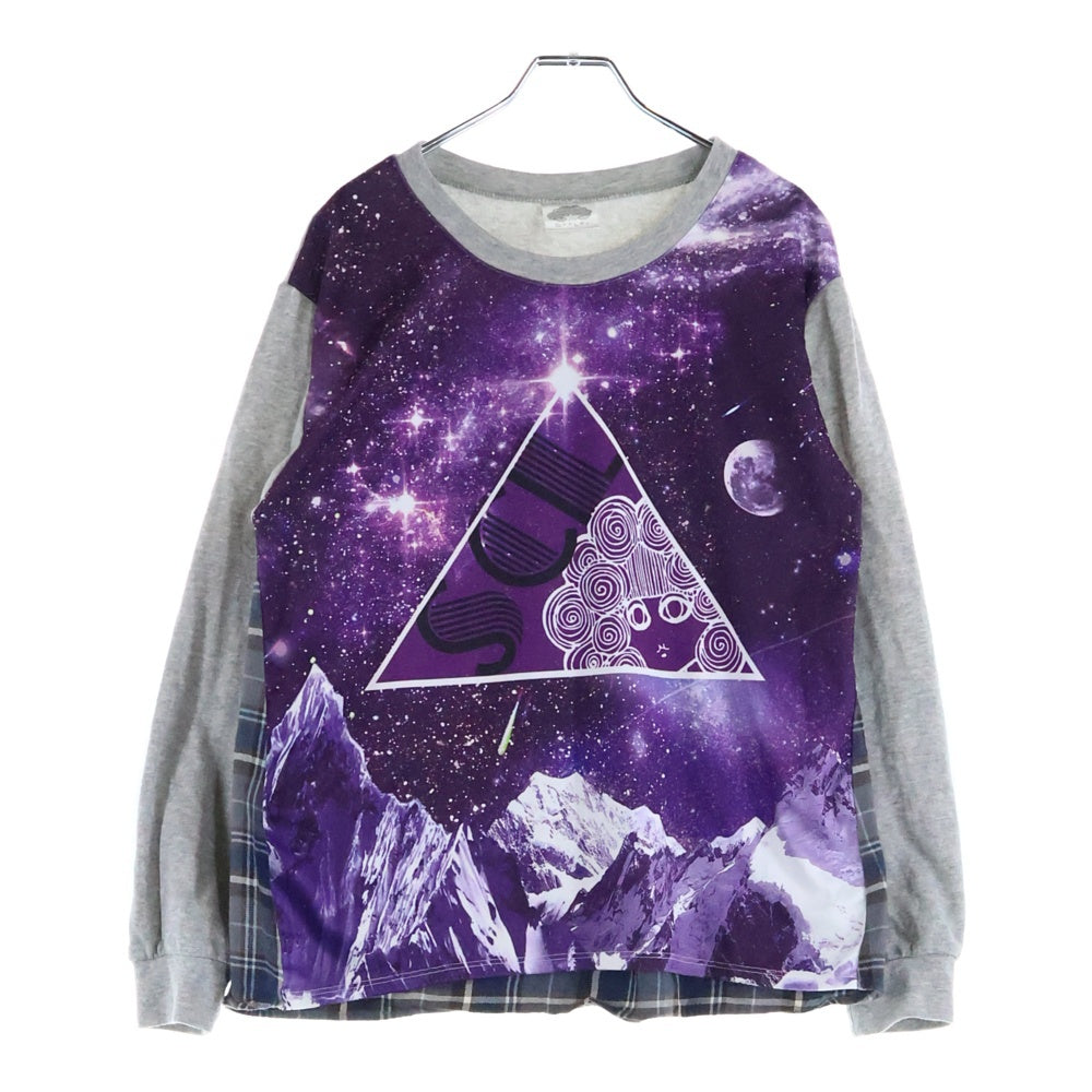 ScoLar(スカラー) 宇宙柄 チェック柄切り替え クルーネック 長袖Tシャツ カットソー パープル/グレー レディース