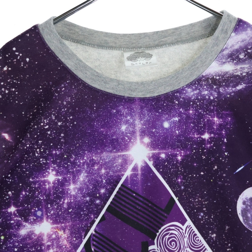 ScoLar(スカラー) 宇宙柄 チェック柄切り替え クルーネック 長袖Tシャツ カットソー パープル/グレー レディース