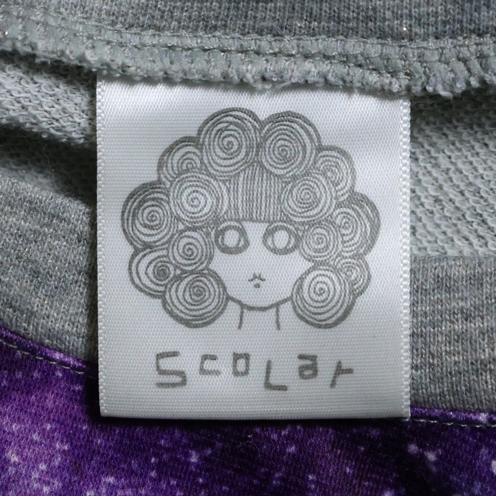 ScoLar(スカラー) 宇宙柄 チェック柄切り替え クルーネック 長袖Tシャツ カットソー パープル/グレー レディース
