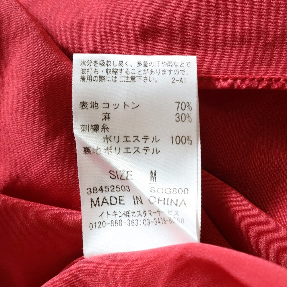 NO BRAND(ノーブランド) リネン混 コットン フラワー刺繍 柄 ノースリーブ ミディアムワンピース レッド レディース