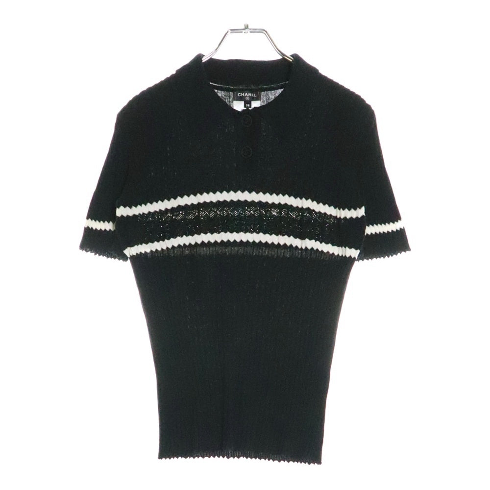 CHANEL(シャネル) ココマークボタン ボーダー柄 コットンリブニット 半袖ポロシャツ ブラック レディース P60647K46420
