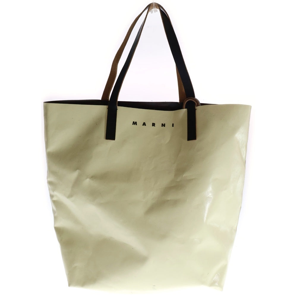 MARNI(マルニ) TRIBECA ロゴプリント PVC レザートートバッグ アイボリー/ブラウン