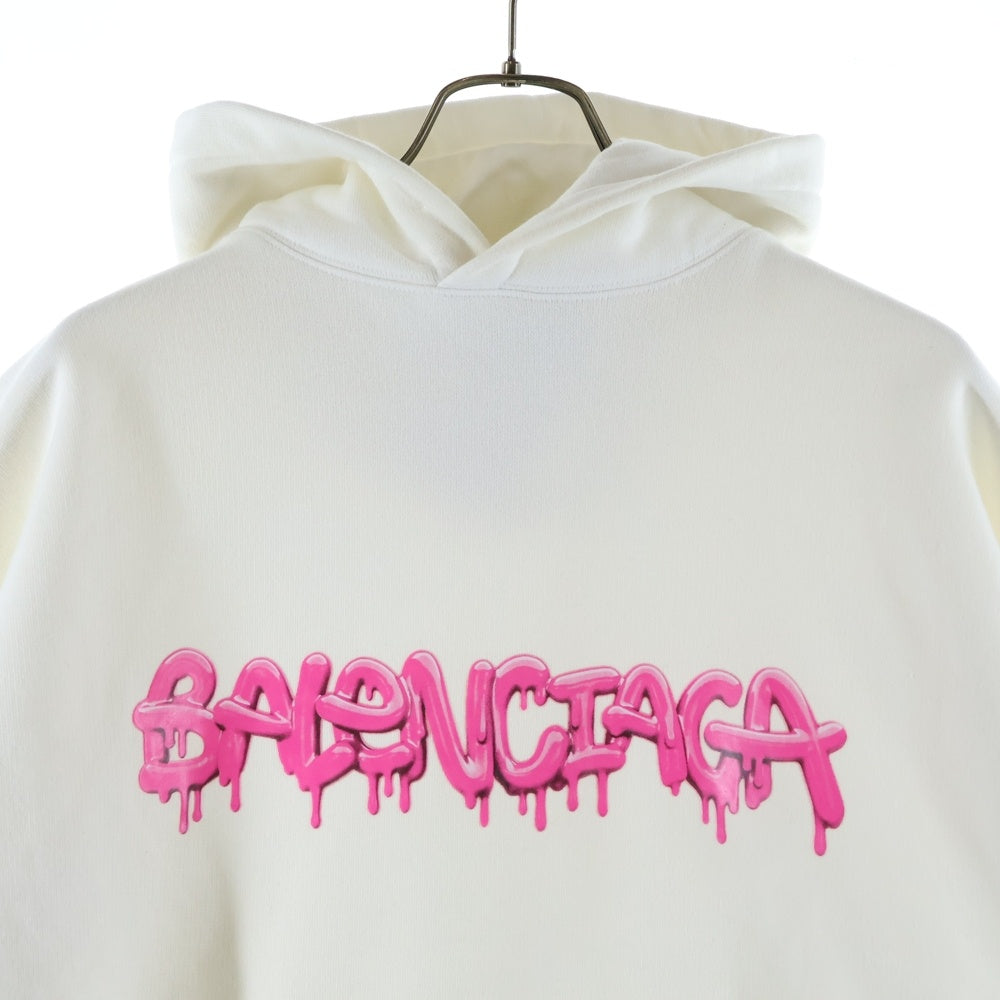 BALENCIAGA(バレンシアガ) 22SS ペンキ ペイント ロゴプリント プルオーバースウェットパーカー フーディー ホワイト/ピンク 875003