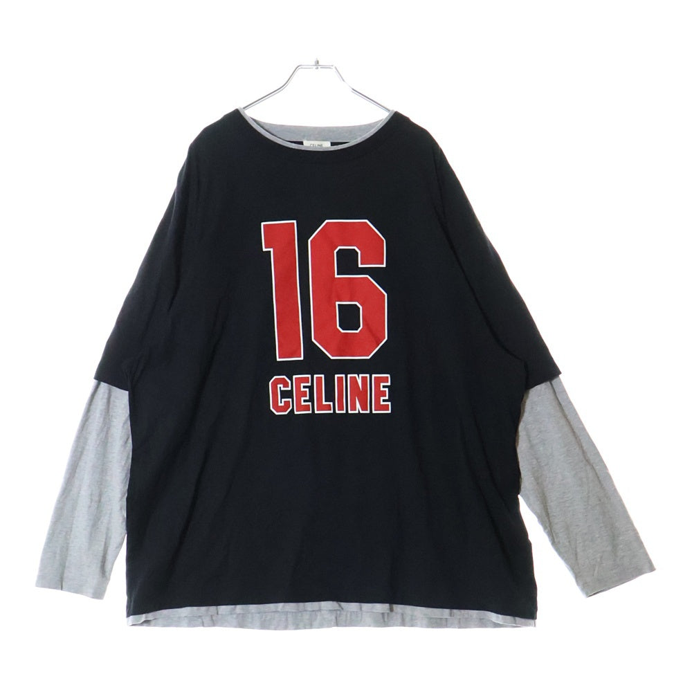 CELINE(セリーヌ) 23SS エディ期 16 Skater Tee レイヤードデザイン ナンバリングロゴプリント ロングスリーブ 長袖Tシャツ カットソー ブラック/グレー 2X87E671Q