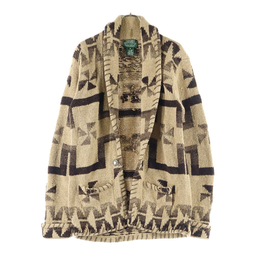 RALPH LAUREN(ラルフローレン) 90S VINTAGE ヴィンテージ ネイティブ柄 コンチョボタン シルク混 ウール ハンドニット ショールカラージャケット カーディガン ブラウン