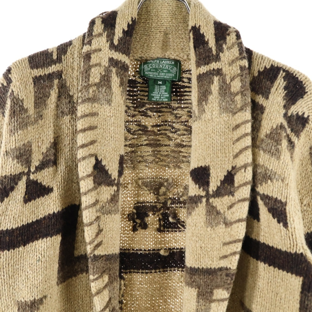 RALPH LAUREN(ラルフローレン) 90S VINTAGE ヴィンテージ ネイティブ柄 コンチョボタン シルク混 ウール ハンドニット ショールカラージャケット カーディガン ブラウン