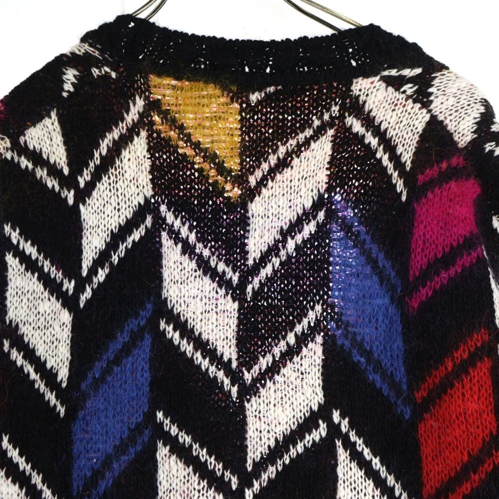 SAINT LAURENT PARIS(サンローランパリ) 21AW モヘヤ混 ウール 幾何学総柄 インターシャ ニット カーディガン ブラック/マルチカラー 668343
