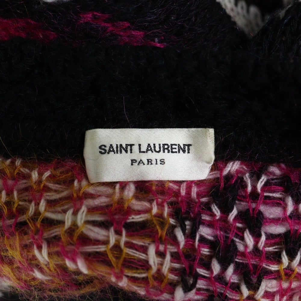 SAINT LAURENT PARIS(サンローランパリ) 21AW モヘヤ混 ウール 幾何学総柄 インターシャ ニット カーディガン ブラック/マルチカラー 668343