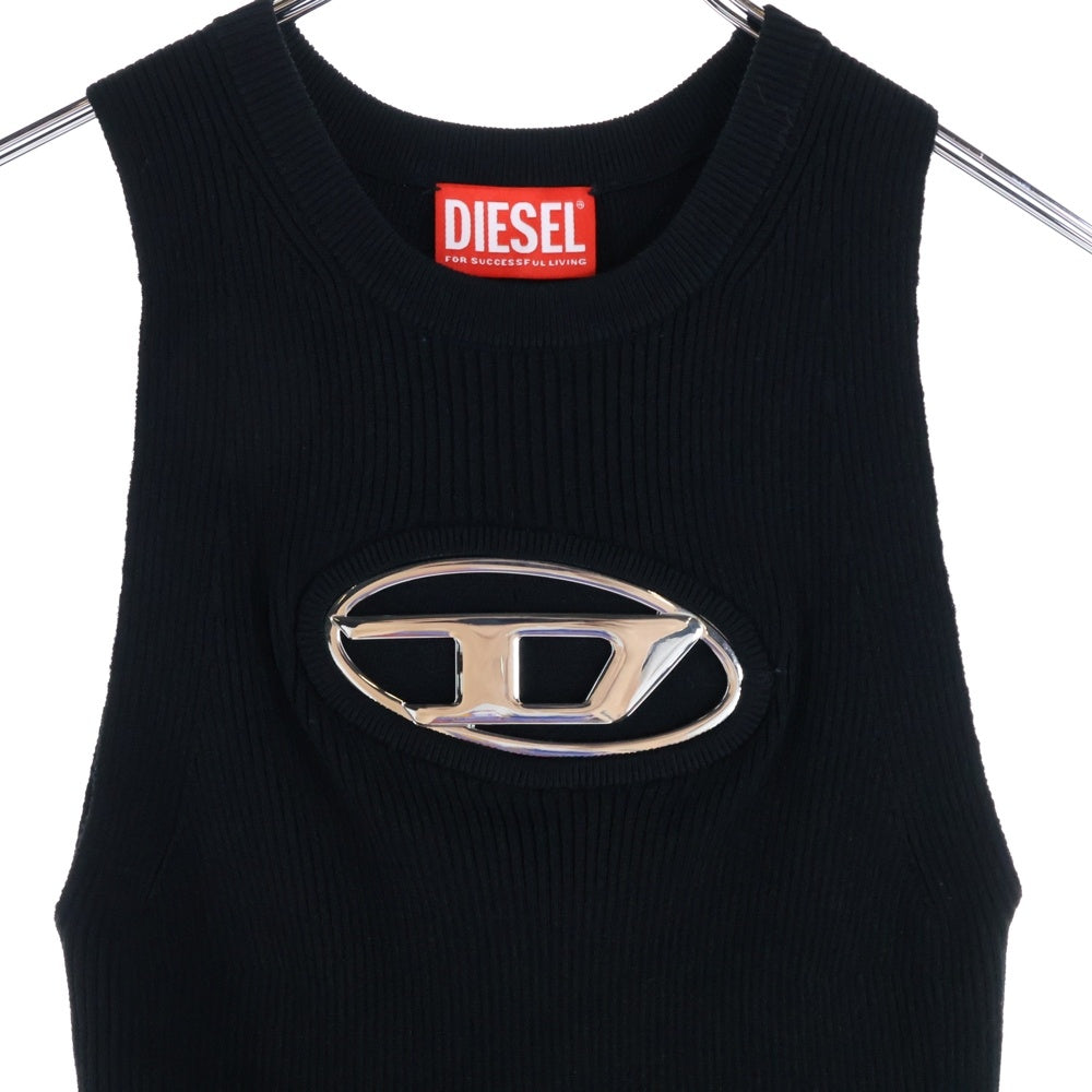 DIESEL(ディーゼル) M-ONERVA-TOP オーバルDメタルロゴプレート クルーネック ノースリーブ リブニット タンクトップ セーター ブラック レディース 0DLAX