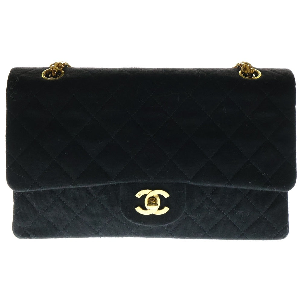 CHANEL(シャネル) ココマーク マトラッセ25 WフラップWチェーンコットンジャージーショルダーバッグ ブラック レディース