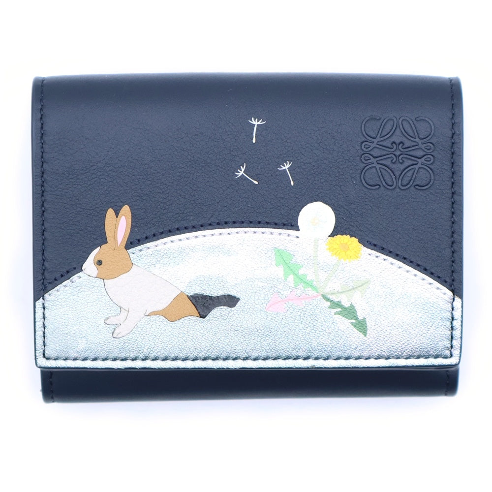 LOEWE(ロエベ) ×スナフジタ ラビット 三つ折り財布 コンパクトウォレット コインケース ネイビー レザー シルバー金具