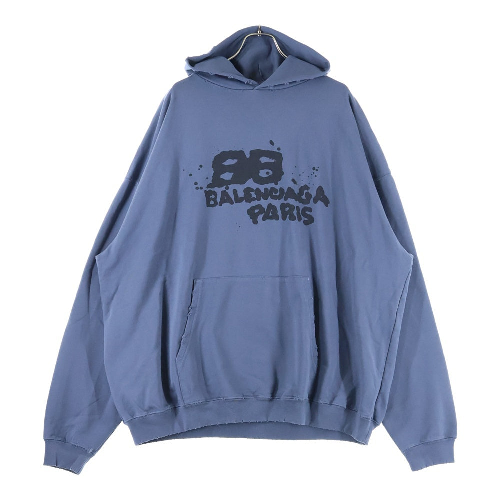 BALENCIAGA(バレンシアガ) Hand Drawn BB Icon Hoodieダメージ加工 ロゴプリント プルオーバースウェットパーカー フーディー ブルー/グレー 620973