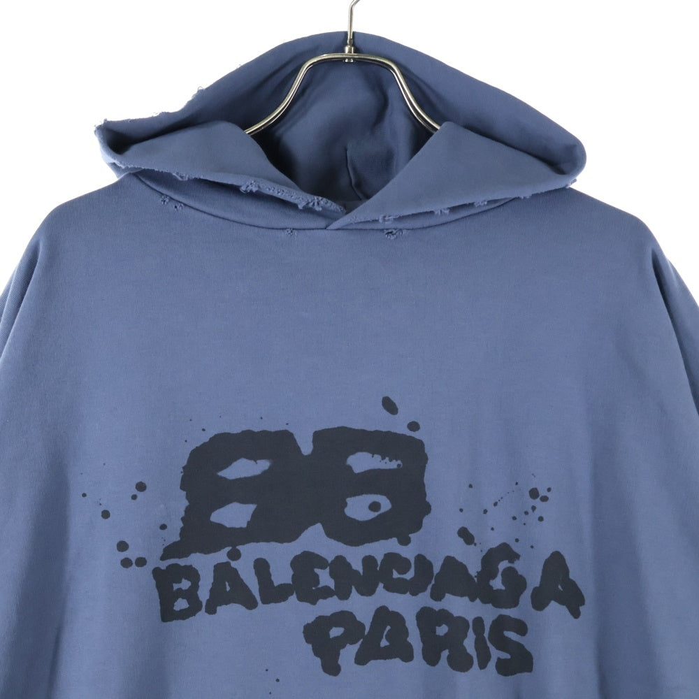 BALENCIAGA(バレンシアガ) Hand Drawn BB Icon Hoodieダメージ加工 ロゴプリント プルオーバースウェットパーカー フーディー ブルー/グレー 620973