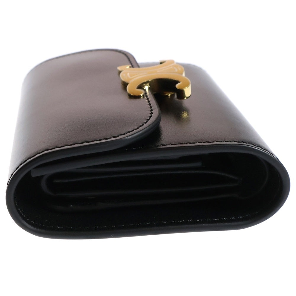 CELINE(セリーヌ) トリオンフ ロゴプレート スモールフラップ レザー コンパクトウォレット 三つ折り財布 ゴールド金具 ブラック