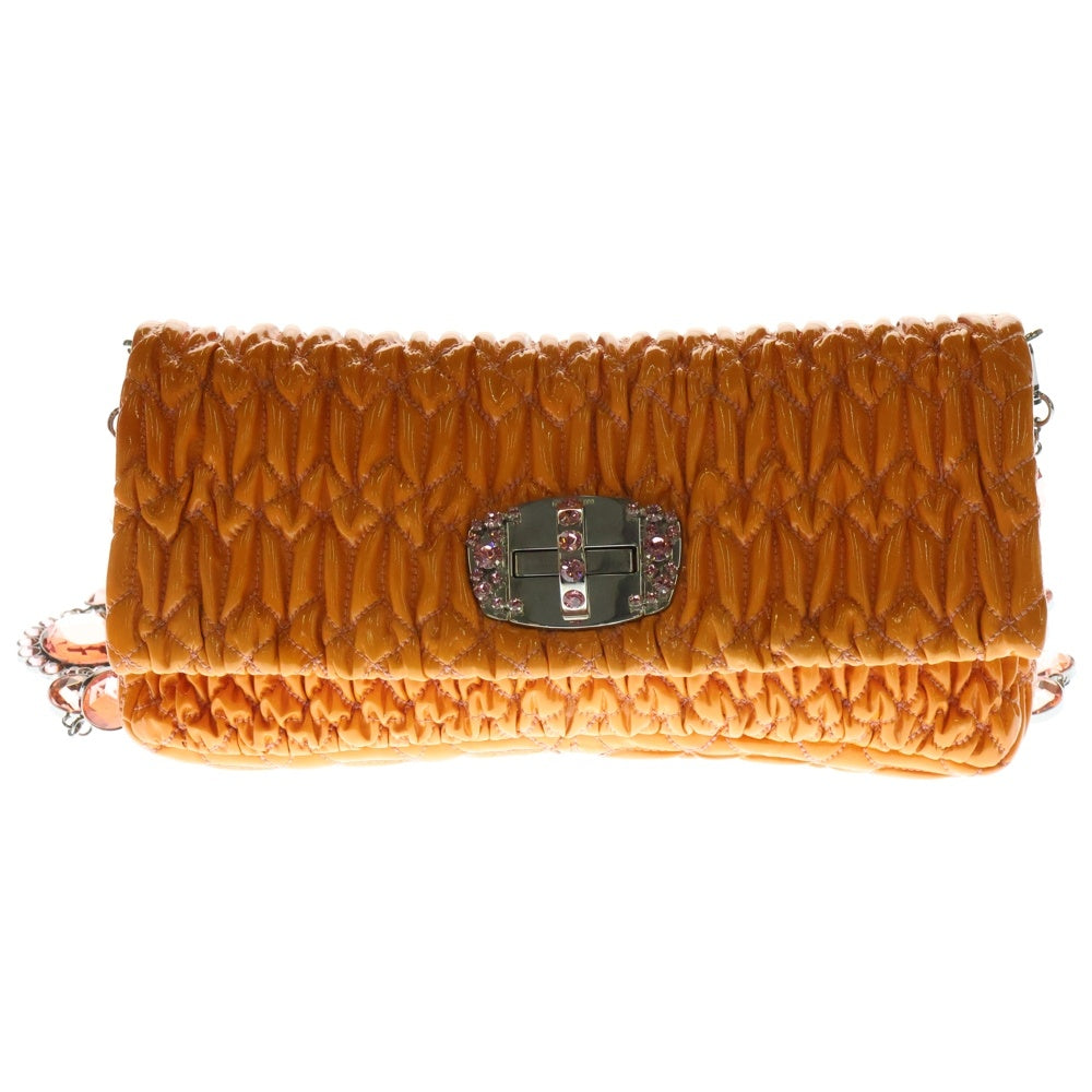 miumiu(ミュウミュウ) マテラッセ ナッパクリスタル パテントレザー チェーンショルダーバッグ シルバー金具 オレンジ/ピンク