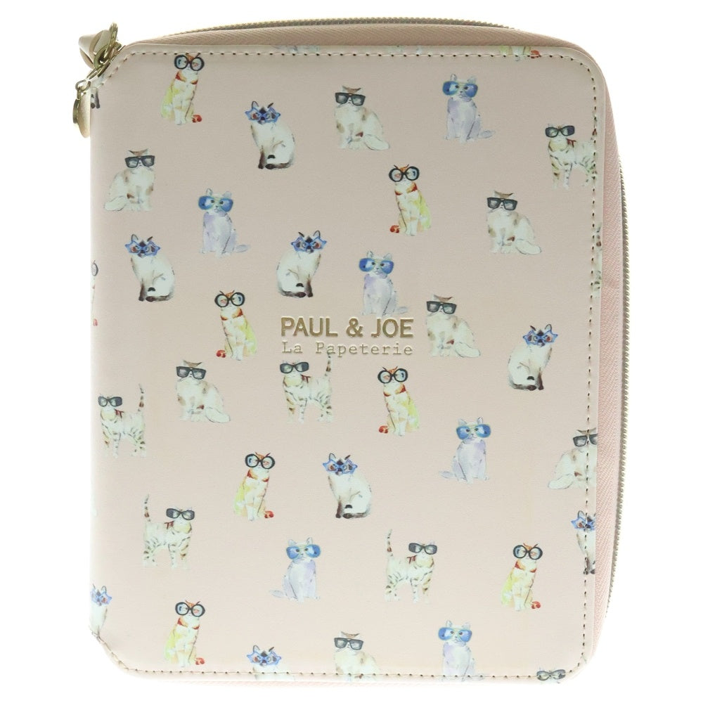 PAUL&JOE(ポールアンドジョー) ロゴプリント キャット 猫 総柄 ラウンドジップ 手帳ケース ブックカバー ピンク