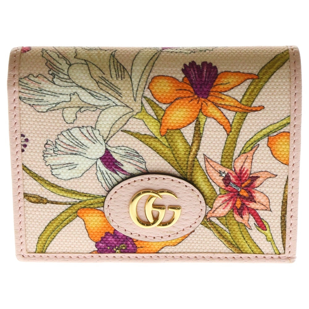 GUCCI(グッチ) GGマーモント 花柄 フラワー 二つ折り財布 コンパクトウォレット コインケース ピンク ゴールド金具 キャンバス 577347