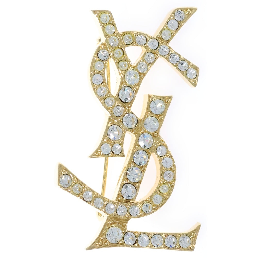 YVES SAINT LAURENT(イヴサンローラン) YSL ラインストーン カサンドラロゴ ピンバッジ ブローチ ゴールド GP