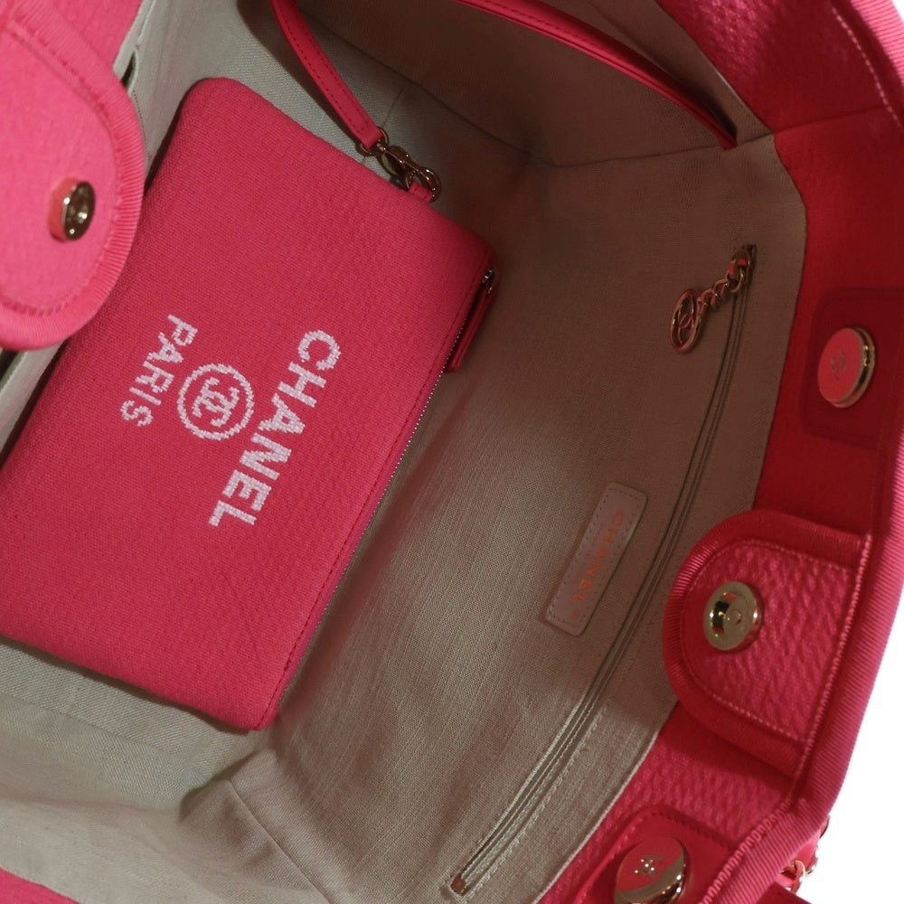 CHANEL(シャネル) ドーヴィルMM ピンク チェーン トートバッグ ハンドバッグ キャンバス×レザー シルバー金具
