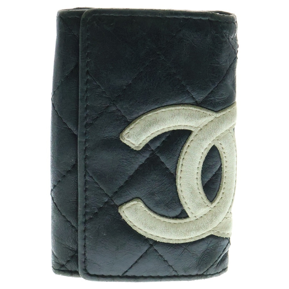 CHANEL(シャネル) カンボンライン キルティング キーケース キーホルダー ブラック×ホワイト ゴールド金具 ラムスキン