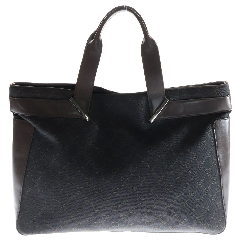 GUCCI(グッチ) GGキャンバス レザー ロゴプレート ハンド トートバッグ シルバー金具 ブラウン 73982