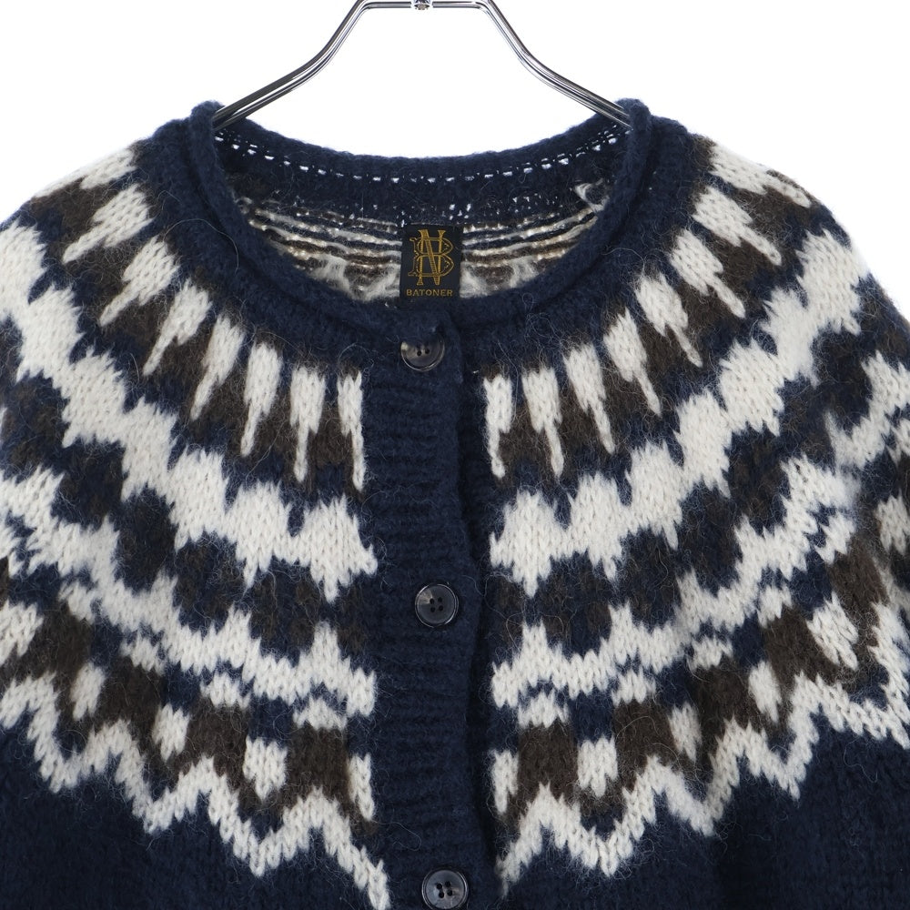 BATONER(バトナ―) 21AW MOHAIR NORDIC CREW NECK CARDIGAN ノルディック総柄 モヘヤ アルパカ混 ウール クルーネック ニット カーディガン ネイビー レディース BN-21FL-052