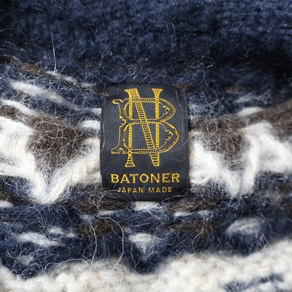 BATONER(バトナ―) 21AW MOHAIR NORDIC CREW NECK CARDIGAN ノルディック総柄 モヘヤ アルパカ混 ウール クルーネック ニット カーディガン ネイビー レディース BN-21FL-052