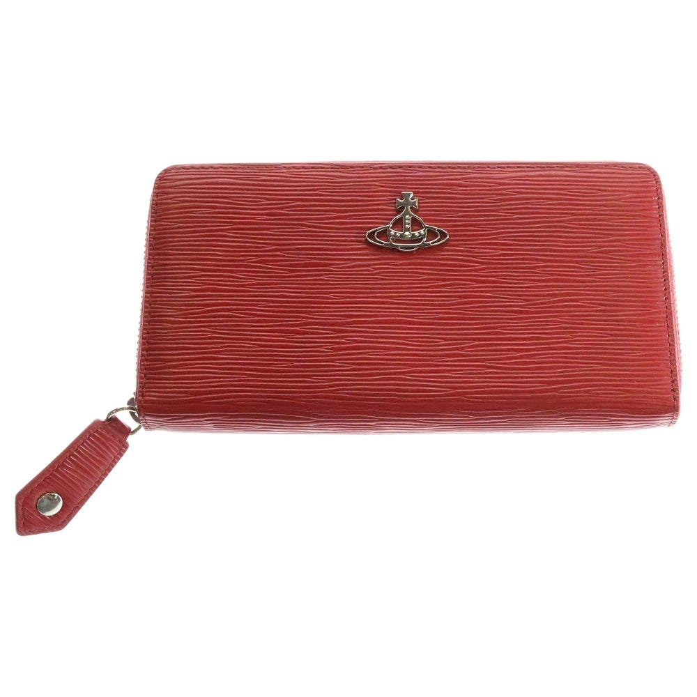 Vivienne Westwood(ヴィヴィアンウエストウッド) オーブロゴプレート レザー ラウンドファスナー ロングウォレット 長財布 シルバー金具 レッド